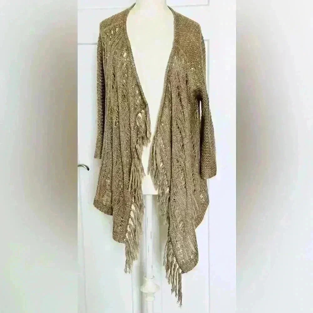 Chico’s Cardigan Sweater Tan Sparkle Sequin Open Knit Fringe Size 0🩶